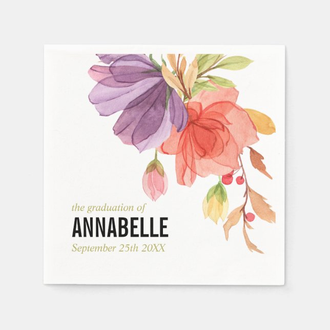 Bold Watercolor Green Wildflowers  Graduation Napkin (Front)