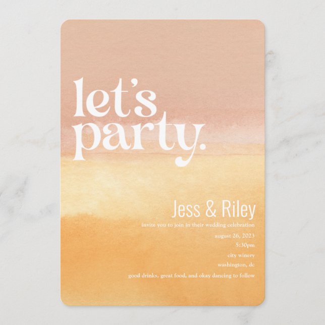 Bold Watercolor Let's Party Wedding Invitation (Front)