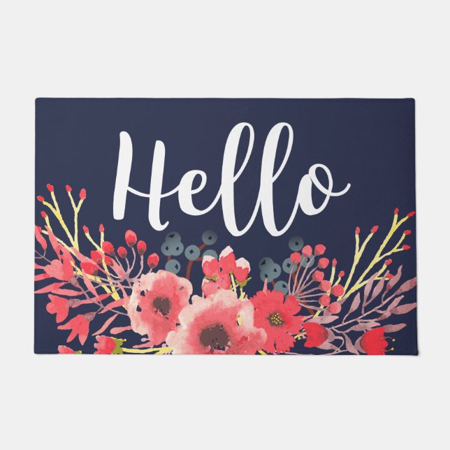 Bold Watercolor Pink Flowers & Hand Lettered Hello Doormat (Front)