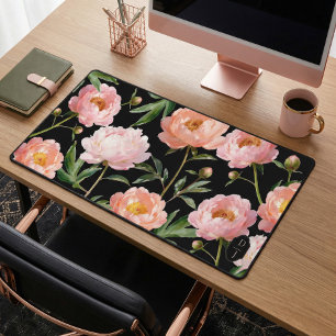 Bold Watercolor Pink Peony Floral Pattern Monogram Desk Mat