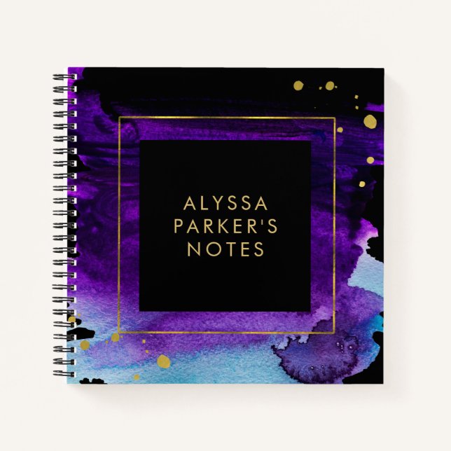 Bold Watercolor Splash with Faux Gold Look Accents Notebook (Front)