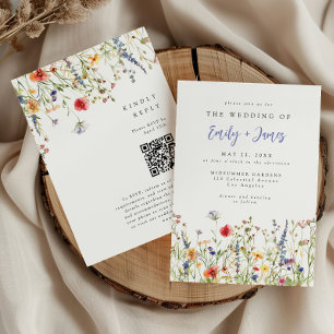 Bold Watercolor Spring Wildflower QR Code Wedding Invitation