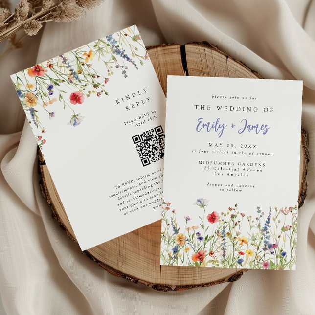 Bold Watercolor Spring Wildflower QR Code Wedding Invitation (Creator Uploaded)