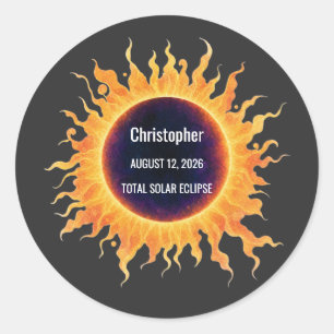 Bold Watercolor Total Solar Eclipse 2026 Name Classic Round Sticker