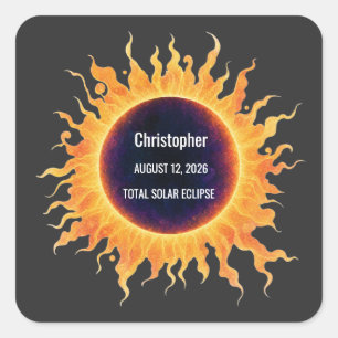 Bold Watercolor Total Solar Eclipse 2026 Name Square Sticker