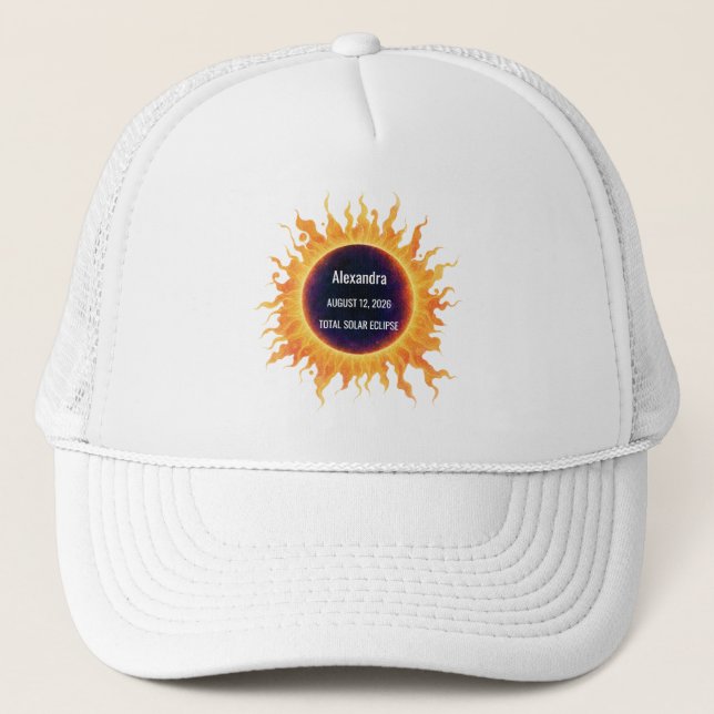 Bold Watercolor Total Solar Eclipse 2026 Name Trucker Hat (Front)