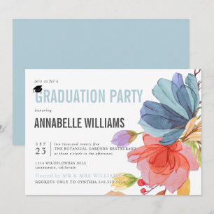 Bold Watercolor Wildflowers Aqua Graduation Party Invitation