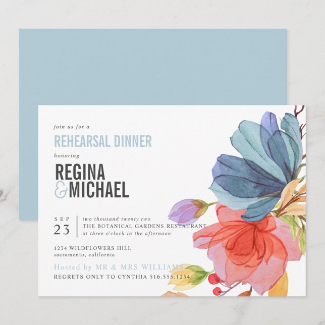 Bold Watercolor Wildflowers aqua Rehearsal Dinner Invitation (Front/Back)