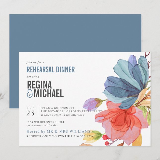 Bold Watercolor Wildflowers Blue Rehearsal Dinner Invitation (Front/Back)