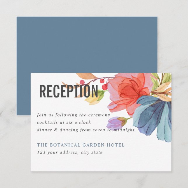 Bold Watercolor Wildflowers Blue wedding Reception Invitation (Front/Back)