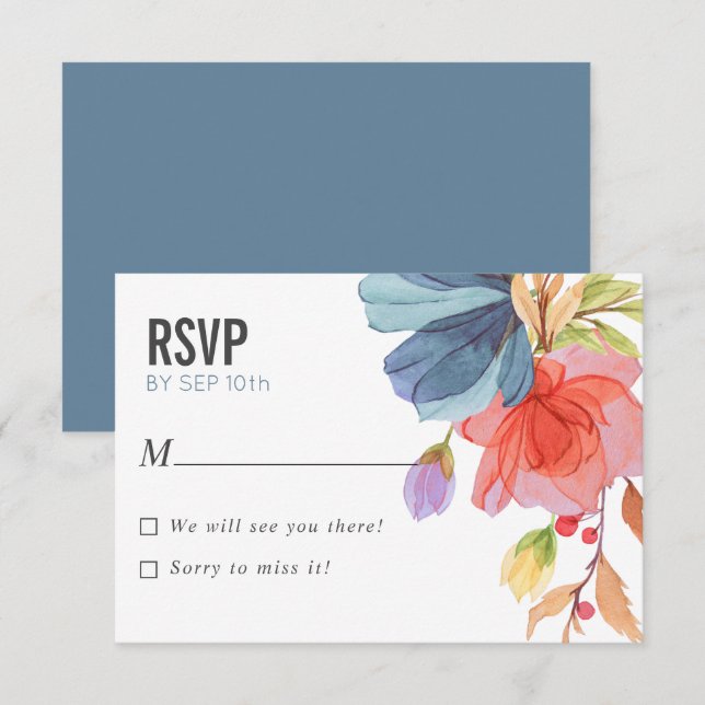 Bold Watercolor Wildflowers Blue wedding RSVP Invitation (Front/Back)