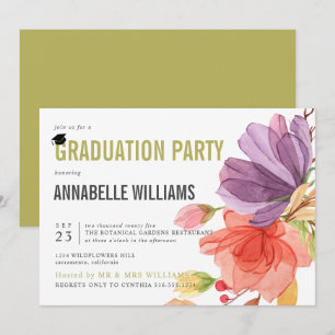Bold Watercolor Wildflowers Green Graduation Party Invitation