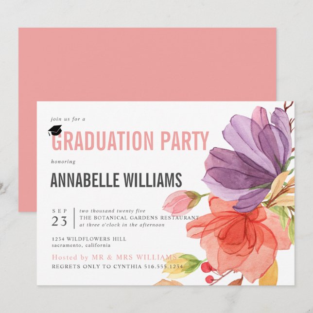 Bold Watercolor Wildflowers Pink Graduation Party Invitation (Front/Back)
