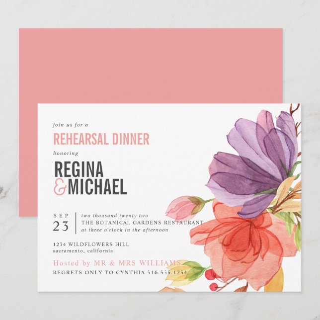 Bold Watercolor Wildflowers Pink Rehearsal Dinner Invitation (Front/Back)