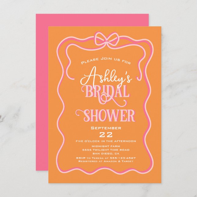 Bold Wavy Frame Bow Pink Orange Bridal Shower Invitation (Front/Back)