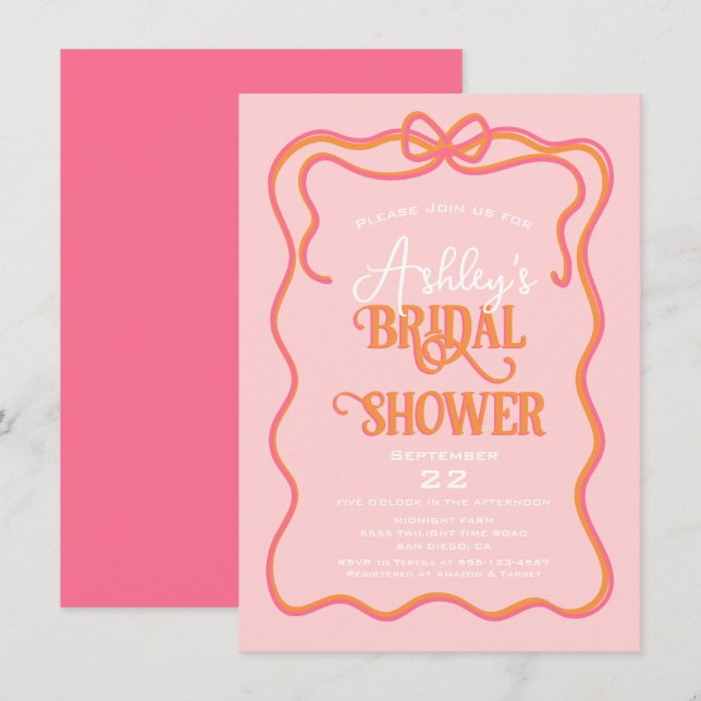 Bold Wavy Frame Bow Pink Orange Bridal Shower Invitation (Front/Back)