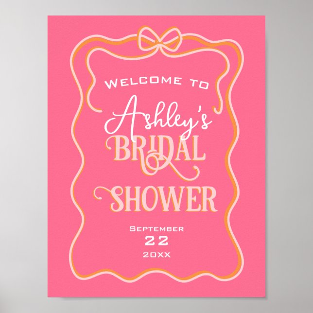 Bold Wavy Frame Bow Pink Orange Bridal Shower Poster (Front)