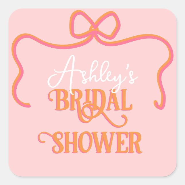 Bold Wavy Frame Bow Pink Orange Bridal Shower Square Sticker (Front)