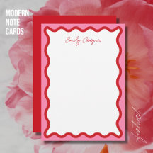 Bold Wavy Red and Pink Monogrammed Note Card