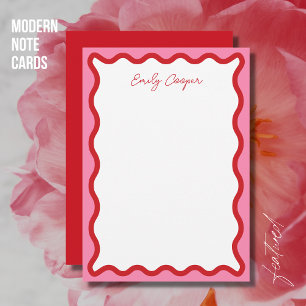 Bold Wavy Red and Pink Monogrammed Note Card