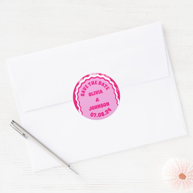 Bold Wedding Date Save the Date Pink Tie Dye Classic Round Sticker (Envelope)