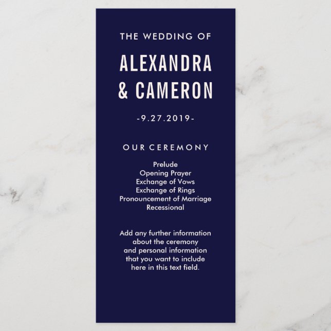 Bold Wedding | Navy Blue and Blush Text Program Programme (Front)