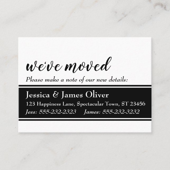 Bold We've Moved Card, White with Black Strip Business Card (Front)