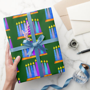 Bold Whimsical Hanukkah Menorah Candles on Green Wrapping Paper