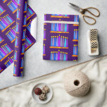 Bold Whimsical Hanukkah Menorah Candles on Purple Wrapping Paper<br><div class="desc">A playful, modern, artsy illustration of funky, playful, boho pattern candles in a menorah helps you usher in the holiday of Hanukkah. Assorted blue candles with colourful faux foil patterns overlay a rich, deep purple plum background. Feel the warmth and joy of the holiday season whenever you use this stunning,...</div>