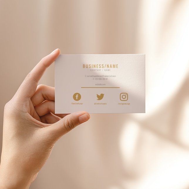 Bold white and gold social media business card (Blush pink business card with gold text and social icons)