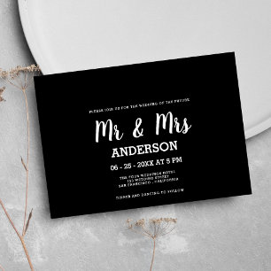 Bold white black handwritten script MR MRS wedding Invitation