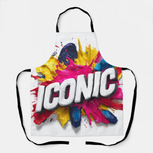 Bold White "ICONIC" Text Colorful Paint Splatter Apron