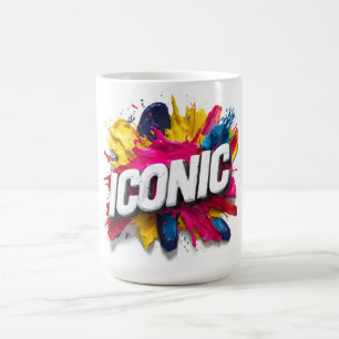 Bold White "ICONIC" Text Colorful Paint Splatter Coffee Mug