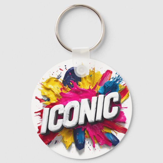 Bold White "ICONIC" Text Colorful Paint Splatter Key Ring (Front)