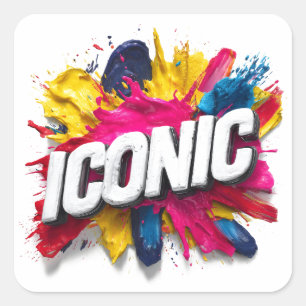Bold White "ICONIC" Text Colorful Paint Splatter Square Sticker