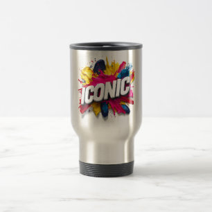 Bold White "ICONIC" Text Colorful Paint Splatter Travel Mug