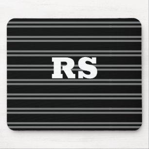 Bold White Monogram, Grey Lines on Black Mouse Mat
