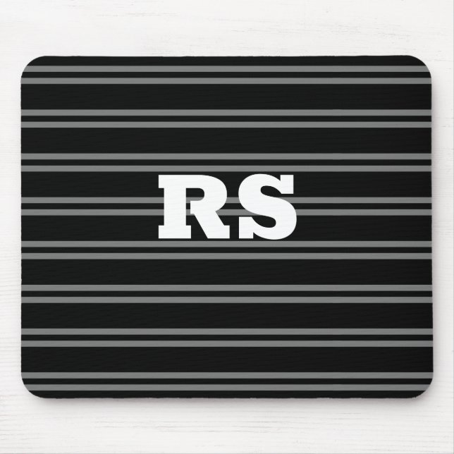 Bold White Monogram, Grey Lines on Black Mouse Mat (Front)