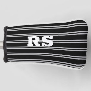 Bold White Monogram, Lt Grey Lines on Black Golf Head Cover