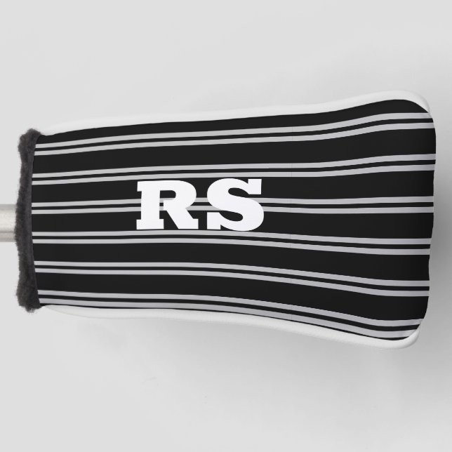 Bold White Monogram, Lt Grey Lines on Black Golf Head Cover (Front)