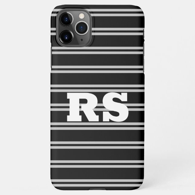 Bold White Monogram, Lt Grey Lines on Black iPhone Case (Back)