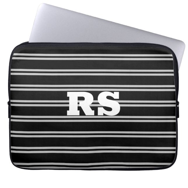 Bold White Monogram, Lt Grey Lines on Black Laptop Sleeve (Front)