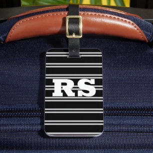 Bold White Monogram, Lt Grey Lines on Black Luggage Tag