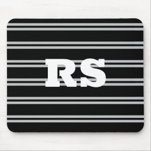 Bold White Monogram, Lt Grey Lines on Black Mouse Mat