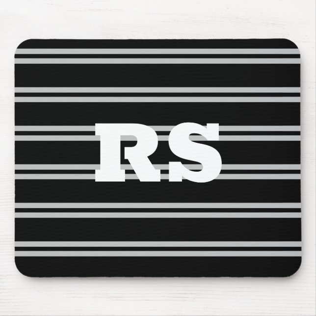 Bold White Monogram, Lt Grey Lines on Black Mouse Mat (Front)