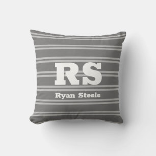 Bold White Monogram & Name, Lt Grey Lines on Grey Cushion