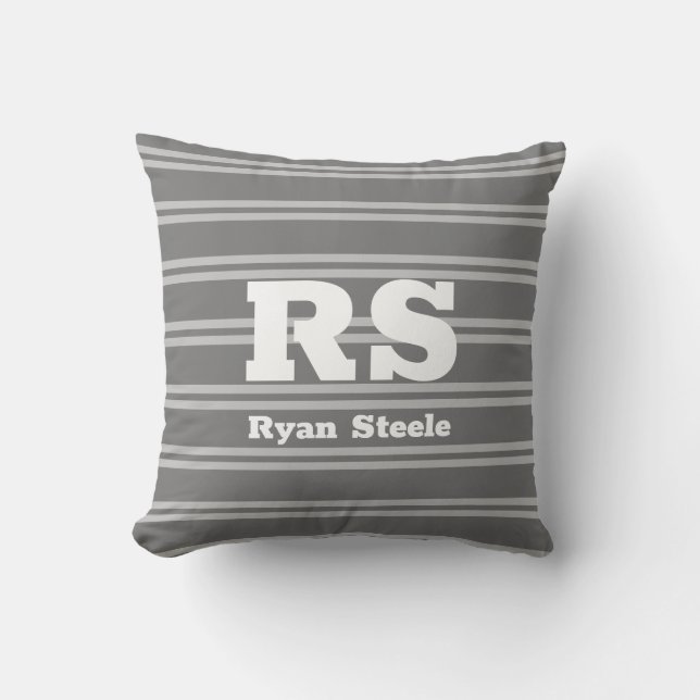 Bold White Monogram & Name, Lt Grey Lines on Grey Cushion (Front)