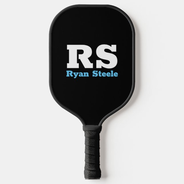 Bold White Monogram & Sky Blue Name on Black Pickl Pickleball Paddle (Front)