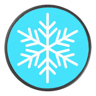 Bold White Nordic Snowflake On Bright Polar Blue Hockey Puck