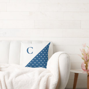 Bold White on Blue Polka Dot Pattern Monogram Cushion